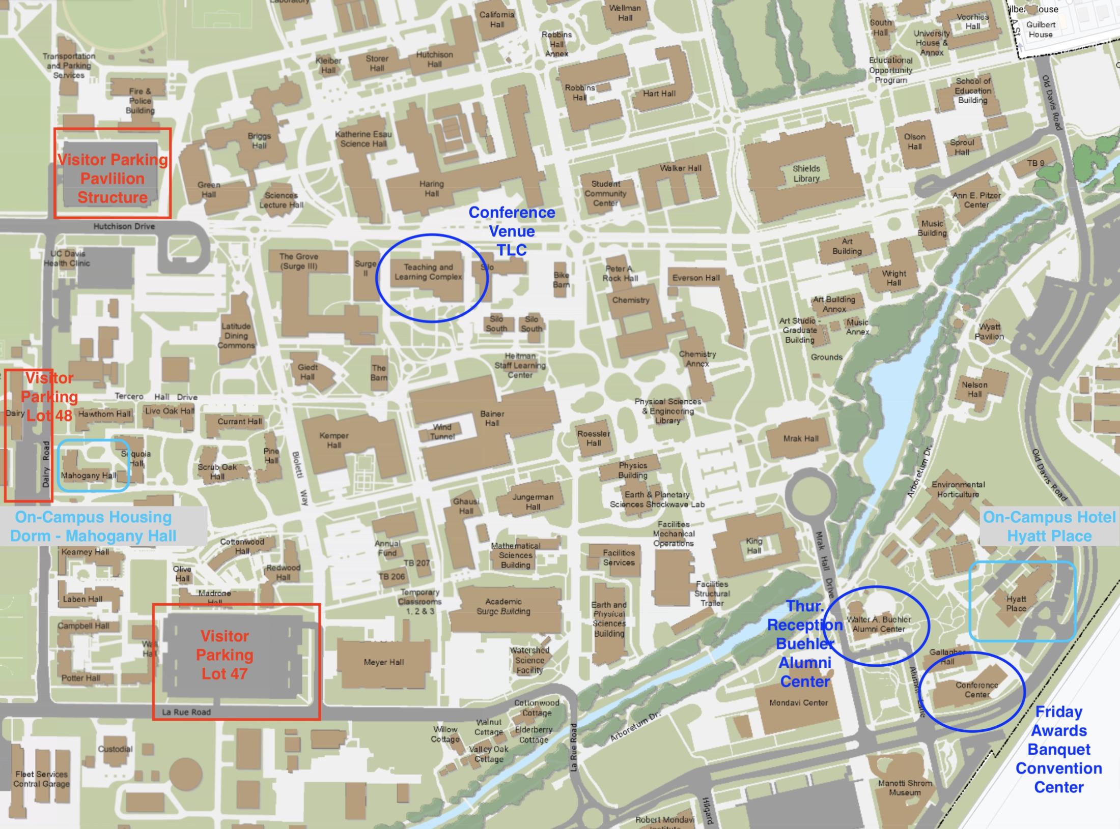 Map of the UC Davis Campus - Important Buildings for C&W 2023 Labelled